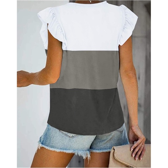 Ruffle Sleeve Color Block 1/4 Button-Down Pocket T-Shirt Top Blouse - Picture 2 of 16